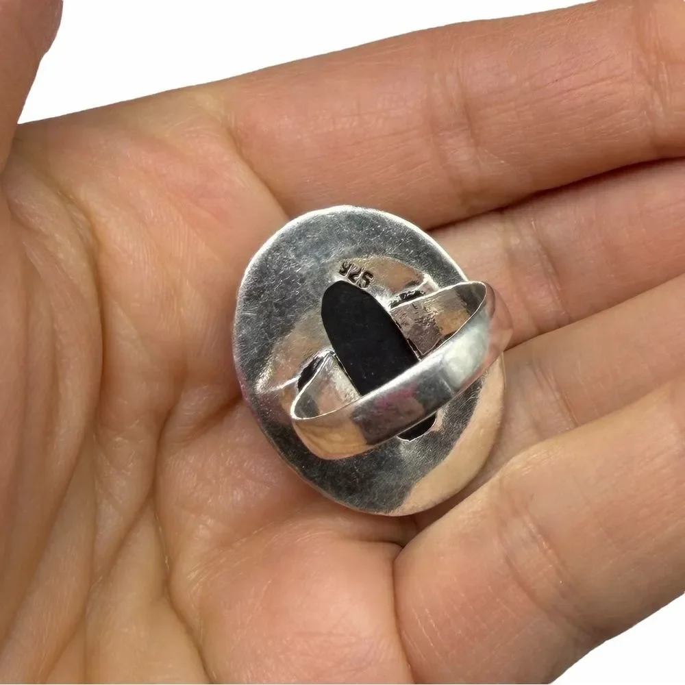 Black Tourmaline Ring Size 7.5 925 Sterling Silver Overlay Oval Raw Rough Stone